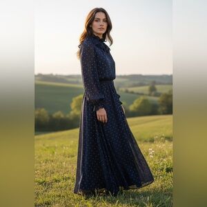 Helga Elegant Navy Polka Dot Maxi Dress – Modest & Flowy Gown 6/8